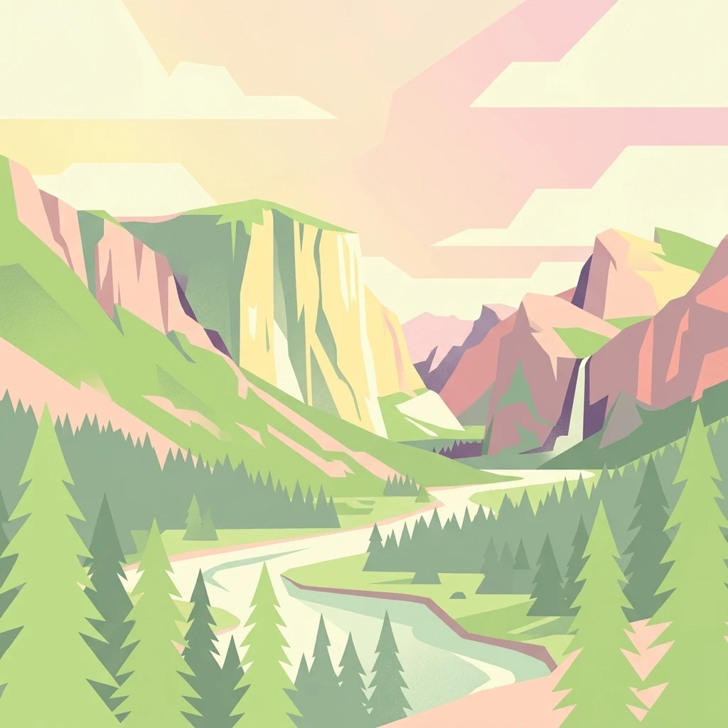 A flat-style digital illustration depicting a wide mountain valley with a winding river, evergreen forest, and a waterfall, rendered in a soft pastel color palette.
