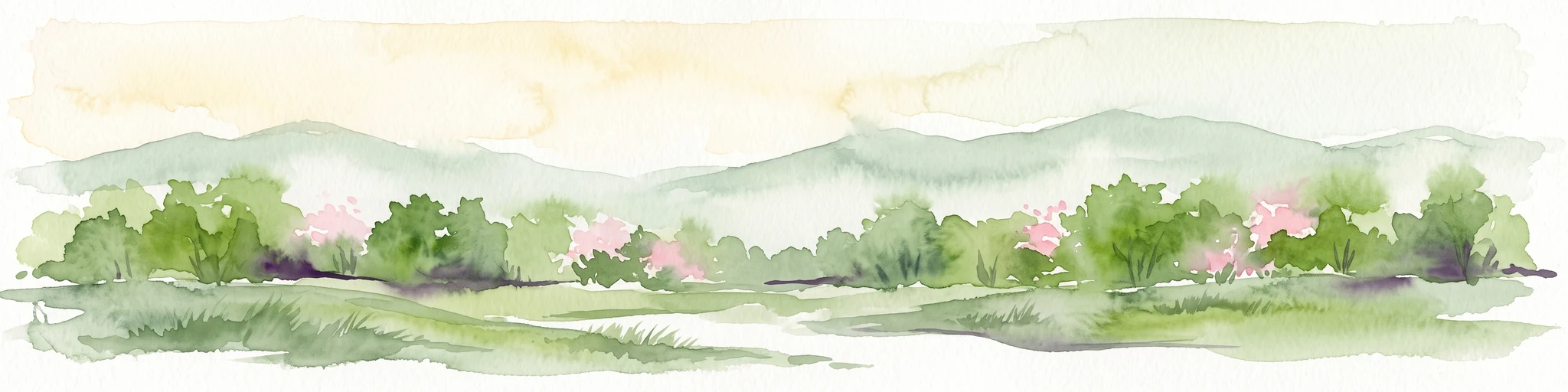 A horizontal watercolor illustration depicting a soft, green landscape with distant rolling hills, foreground meadows, and flowering bushes under a pale sky.
