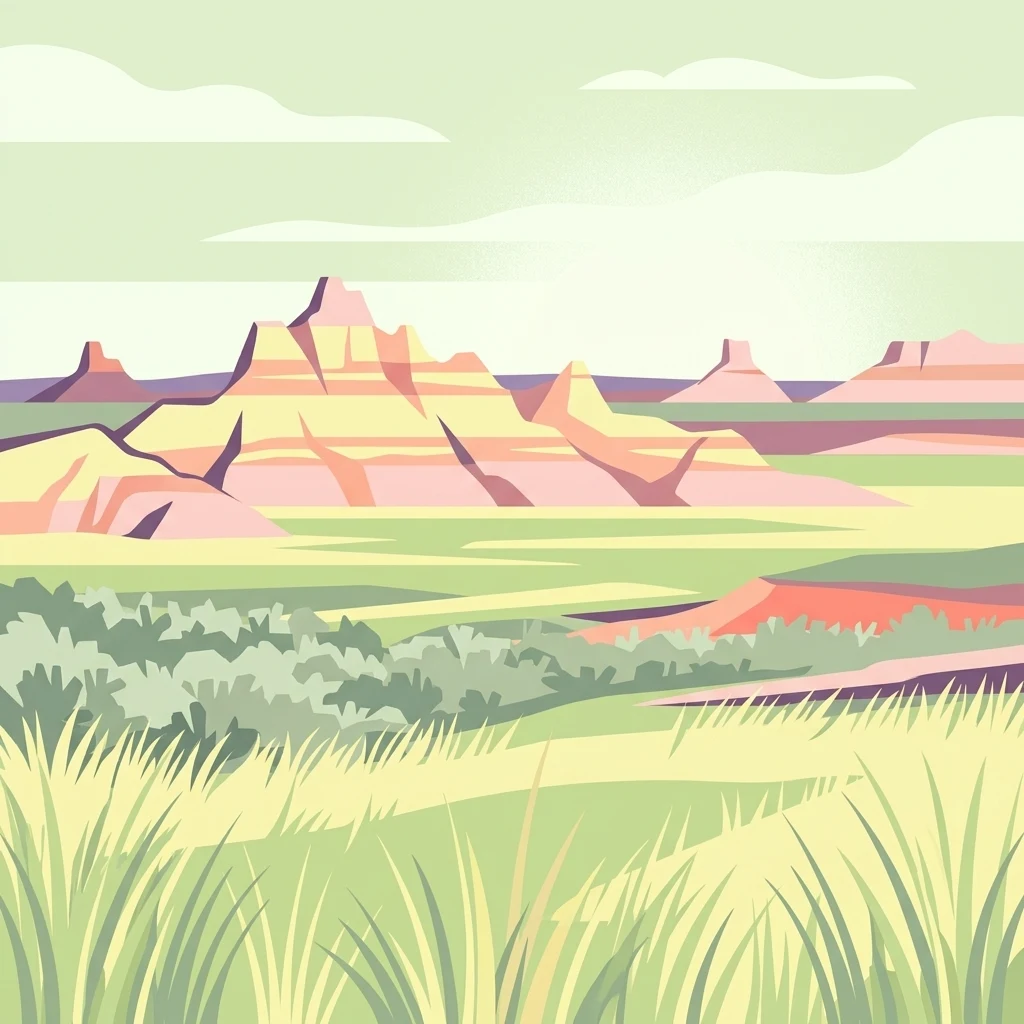 A digital illustration of layered badlands rock formations rising above a vast, flat prairie landscape with grasses in the foreground.