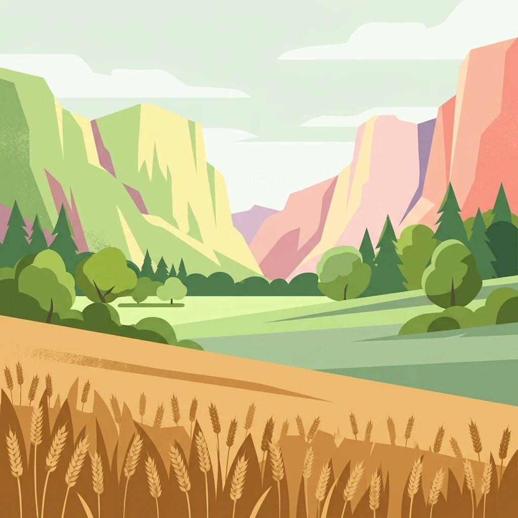 A digital illustration of a valley landscape with golden wheat in the foreground, rolling green meadows in the midground, and layered hills under a pale sky in the background.
