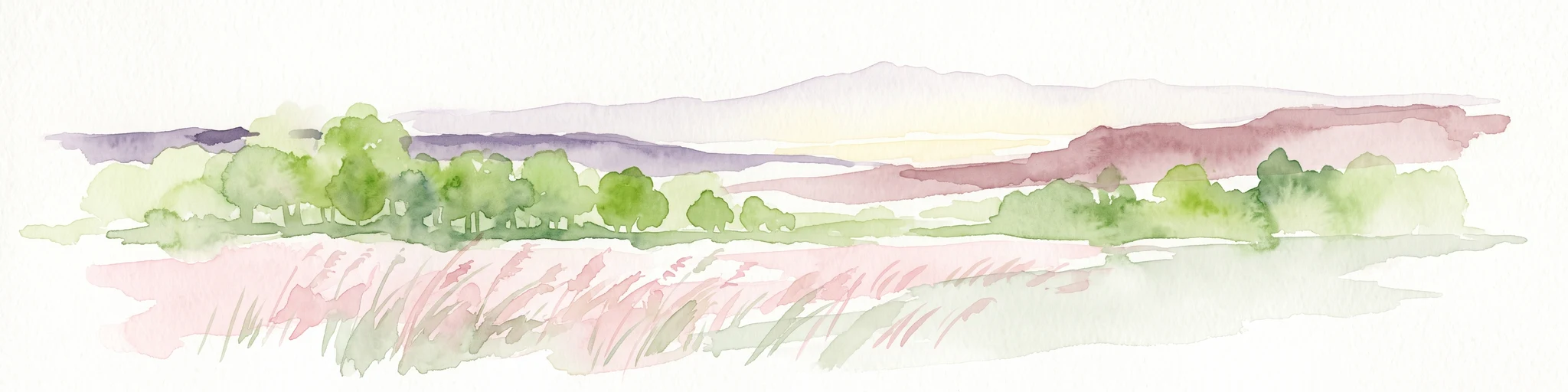 A minimalist watercolor painting depicting a soft-focus landscape with rolling hills, distant ridgelines, and scattered trees across a meadow, rendered in muted greens, purples, and pinks on a white background.