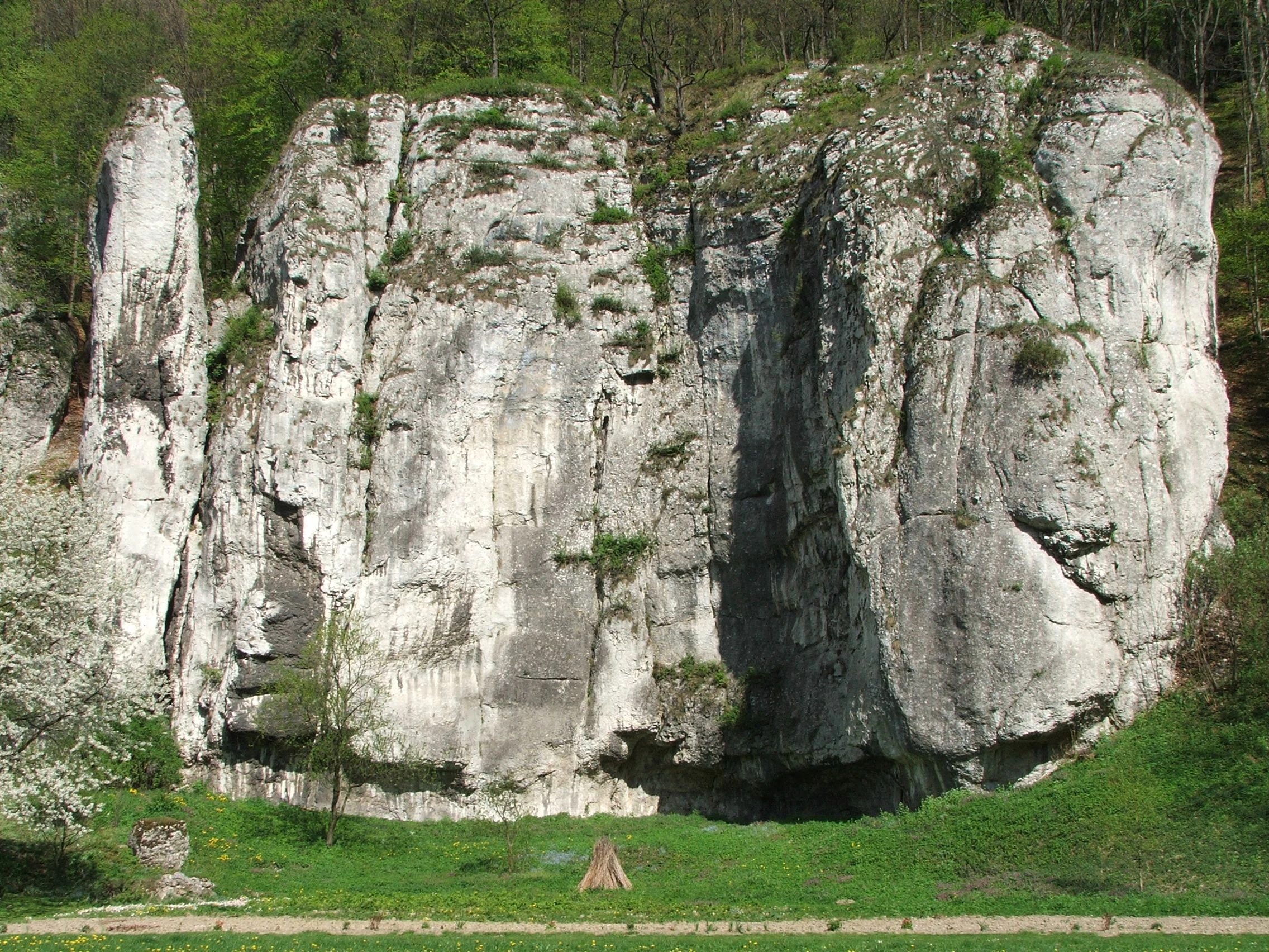 Large limestone rock formations with vertical cliffs, patches of greenery, and a small structure at the base, surrounded by trees and a grassy area