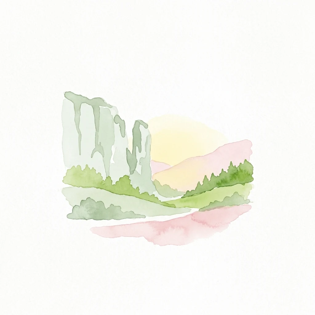 Watercolor painting showing limestone cliffs, green hills, and a sunset over a valley