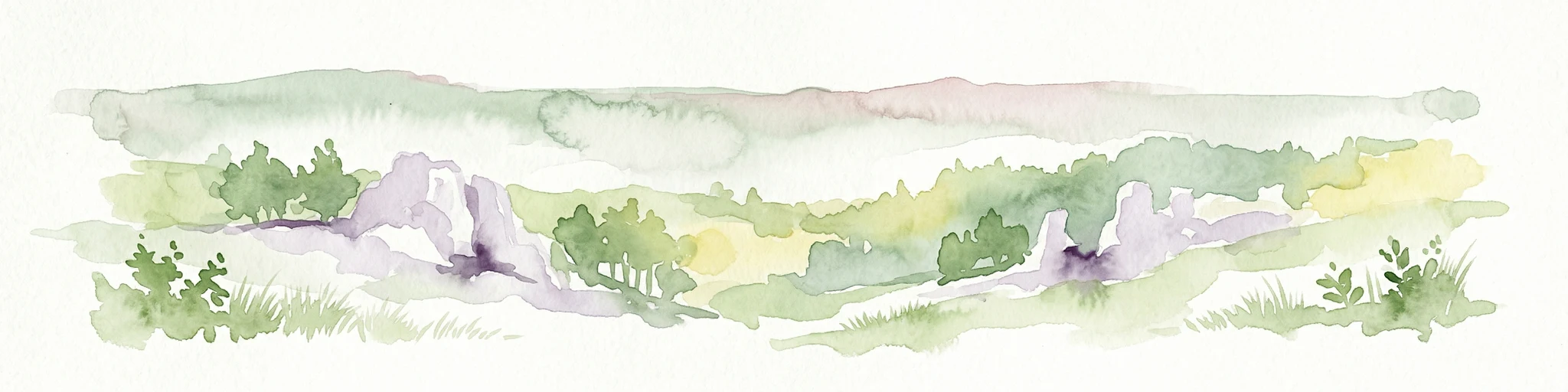 Ilustración de acuarela que muestra colinas verdes, árboles dispersos y un fondo de cielo claro