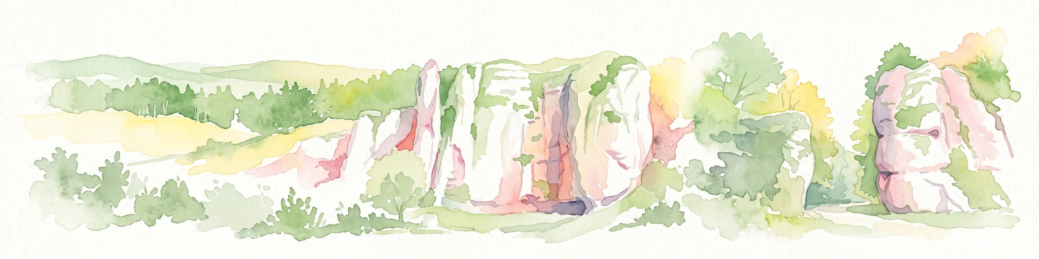 Acuarela de formaciones rocosas de piedra caliza rodeadas de árboles y colinas verdes, representadas en un suave estilo paisajístico panorámico.