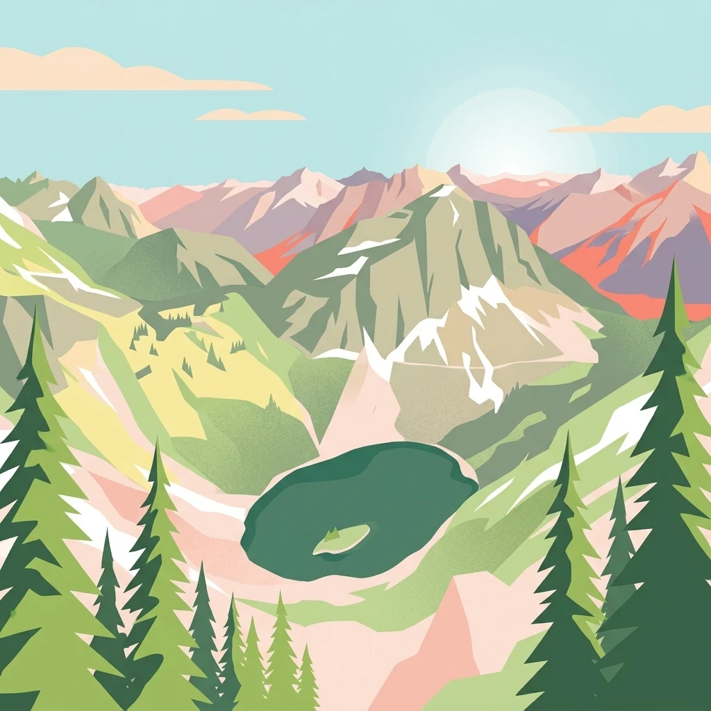 Una ilustración digital de estilo plano que muestra un pequeño lago alpino de color verde oscuro con una diminuta isla en el centro, rodeado de picos montañosos irregulares cubiertos de nieve y bosques de coníferas en primer plano.