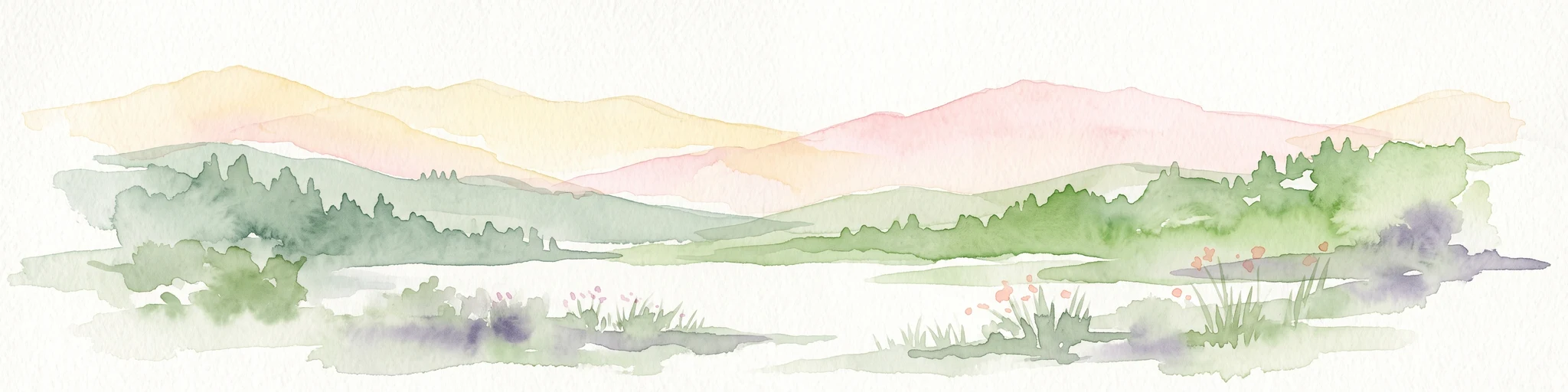 A watercolor painting of a mountain landscape with soft-colored rolling hills, a green forest line, and foreground vegetation on a white background.