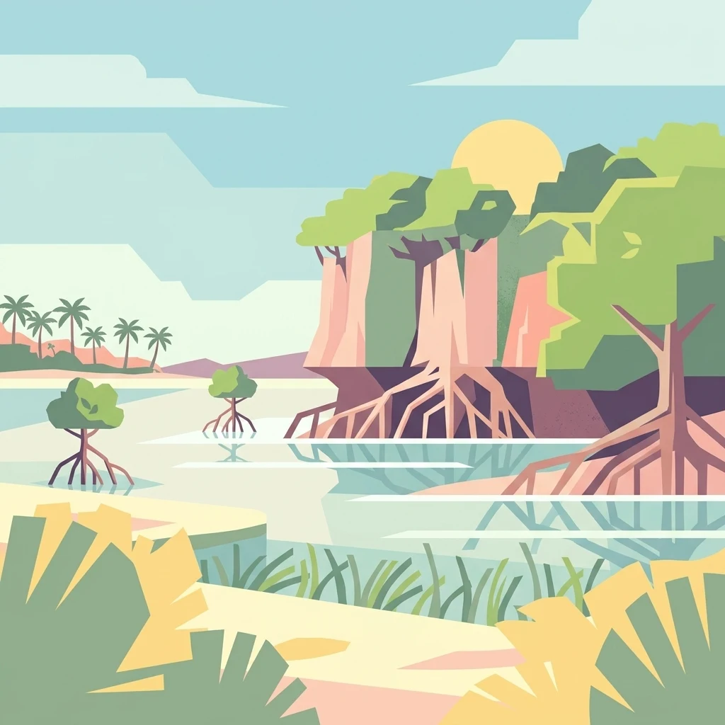 A flat vector-style illustration of a tropical coastal wetland with mangroves, shallow water, and palm trees under a pale sun.