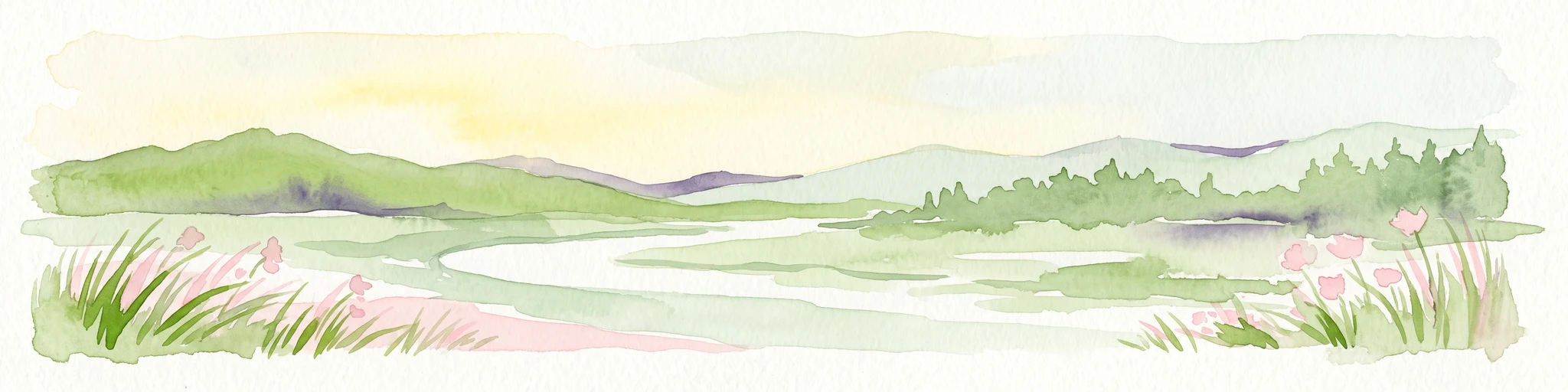 Una pintura a la acuarela que muestra una vista panorámica de un exuberante paisaje de humedal con suaves colinas verdes en la distancia, un arroyo serpenteante y hierbas altas y flores silvestres rosadas en primer plano.