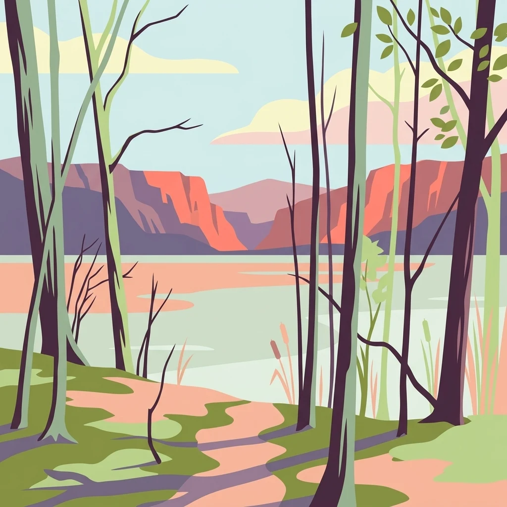 A stylized vector illustration of a forest path looking out over a body of water toward distant hills under a light sky.