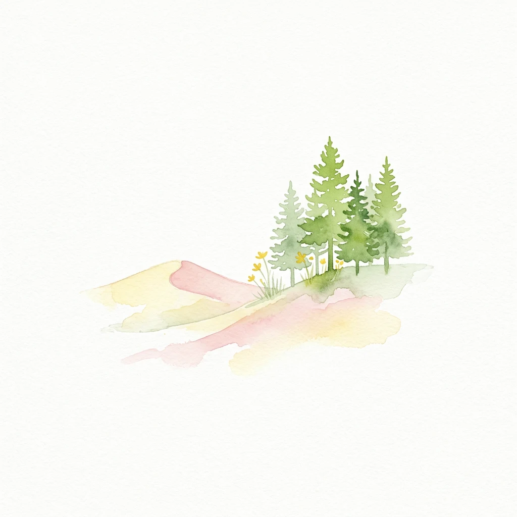 Watercolor illustration showing sand dunes with green trees and yellow flowers on a white background