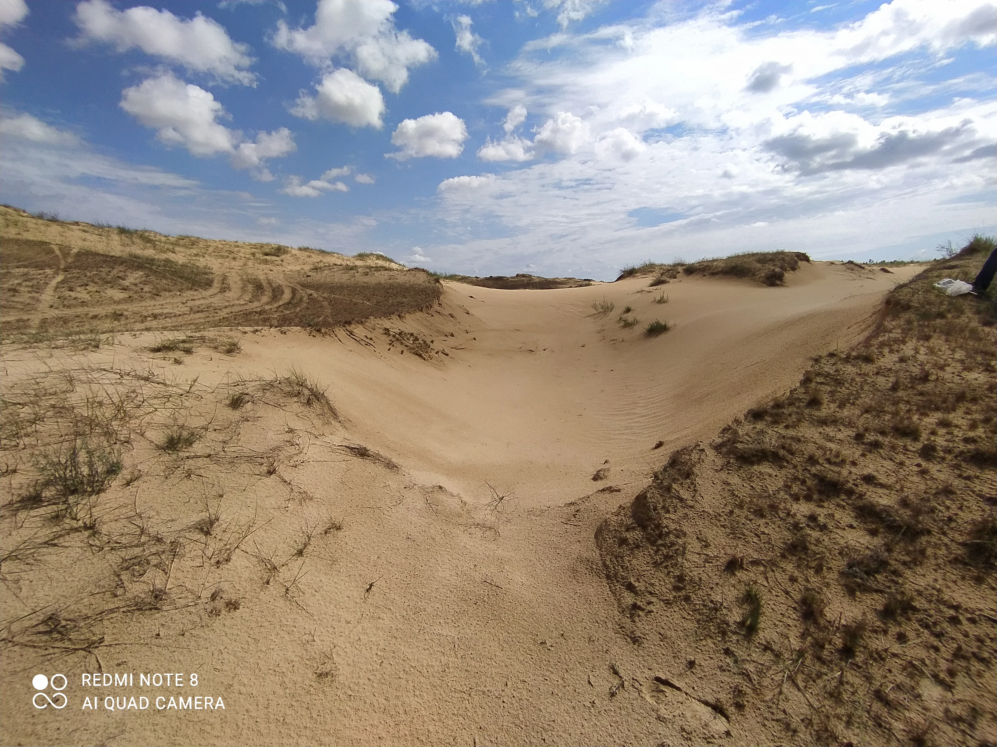 Sandy valley with dunes and sparse vegetation under a blue sky with scattered clouds