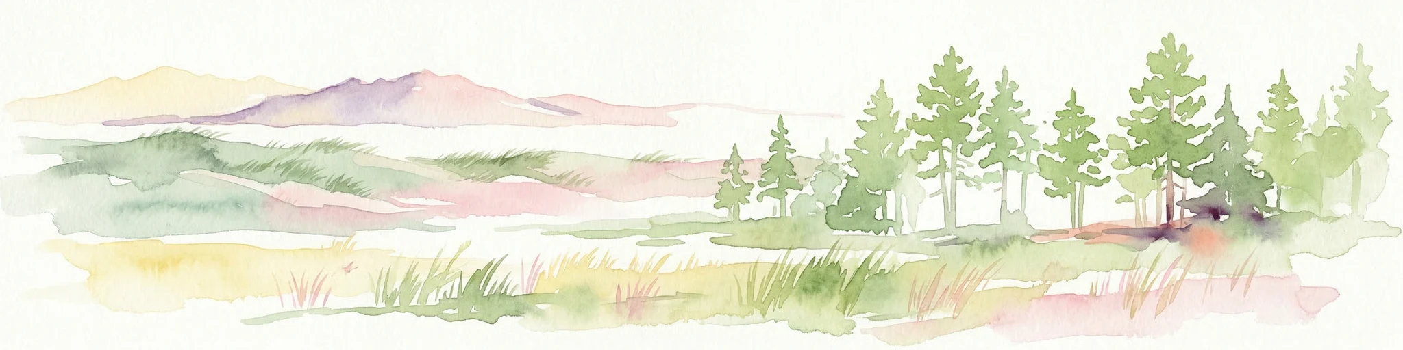 Ilustración en acuarela de un paisaje con campos de hierba, árboles, un río y colinas distantes.