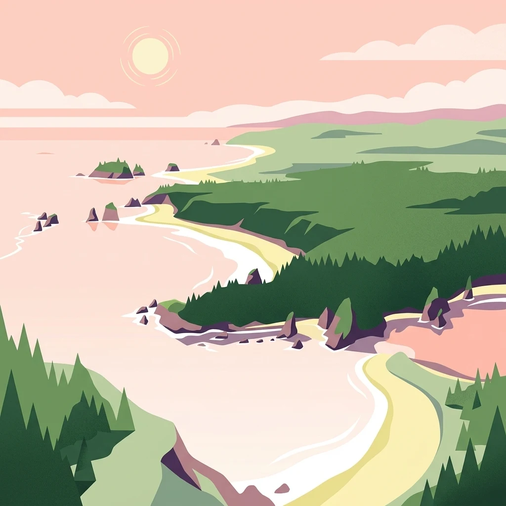 A flat-style digital illustration of a Pacific coastline with sandy beaches, rocky sea stacks, and dense evergreen forests under a pale sunrise.