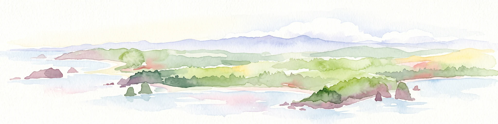 A horizontal watercolor painting showing a panoramic view of a coastal landscape with green, tree-covered headlands, rocky sea stacks, and distant mountains under a pale sky.