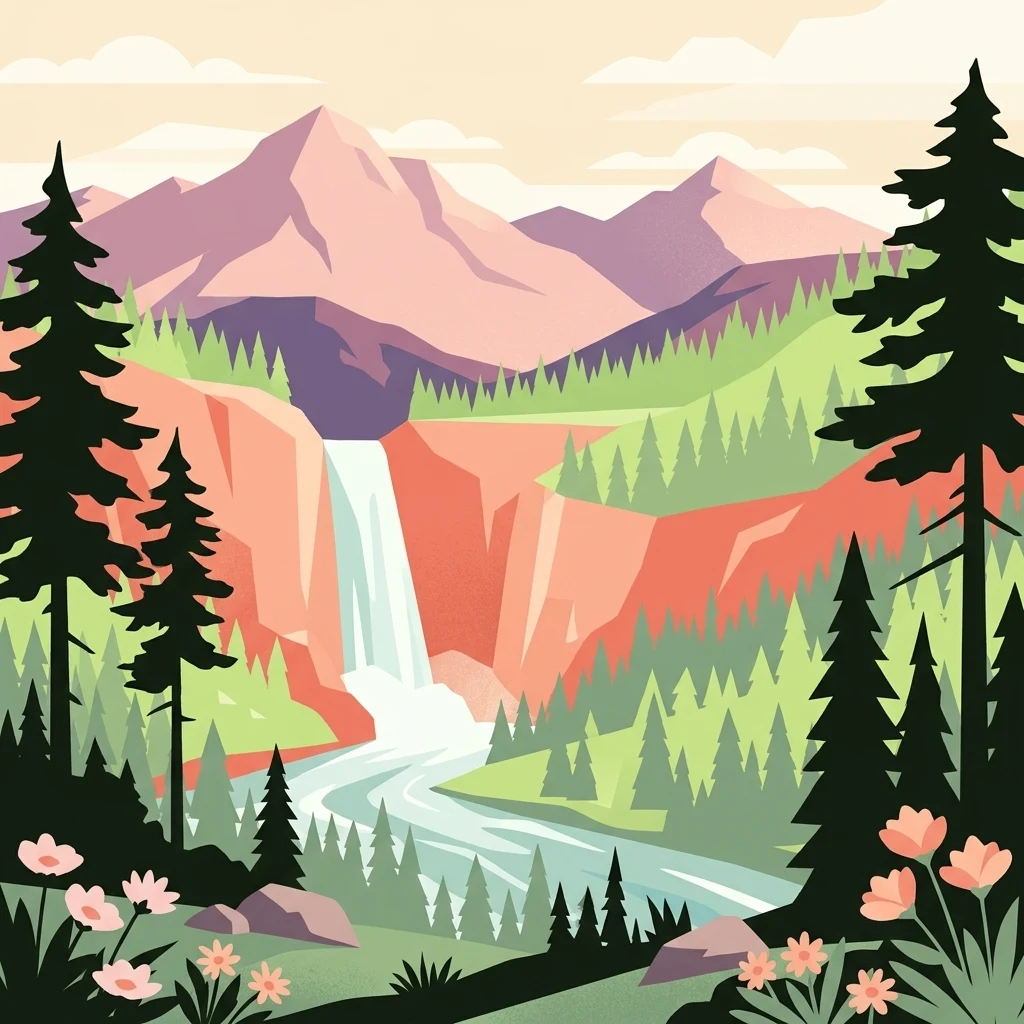 A digital illustration of a waterfall cascading down a rocky cliff into a river, framed by tall pine trees and foreground wildflowers under a light-colored sky.