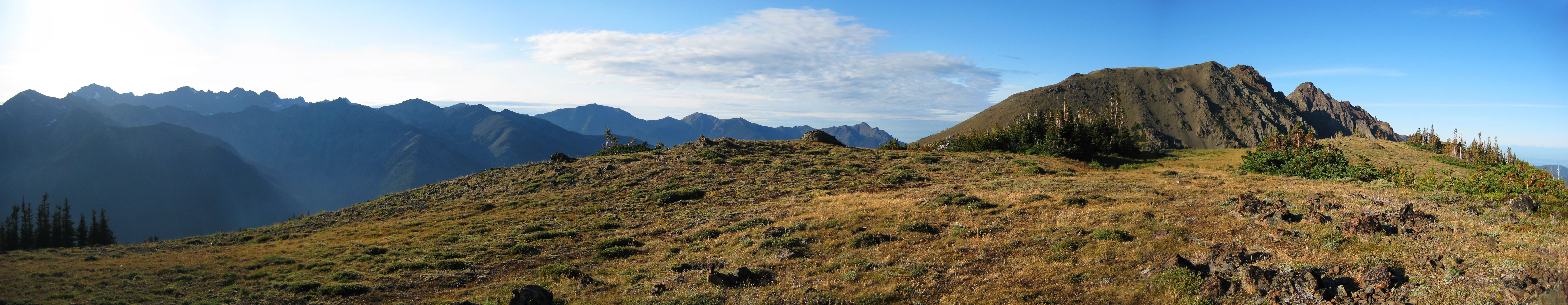 Wide panoramic mountain landscape featuring golden grassy slopes in the foreground, alpine ridges in the midground, and prominent rocky mountain peaks under a clear blue sky.