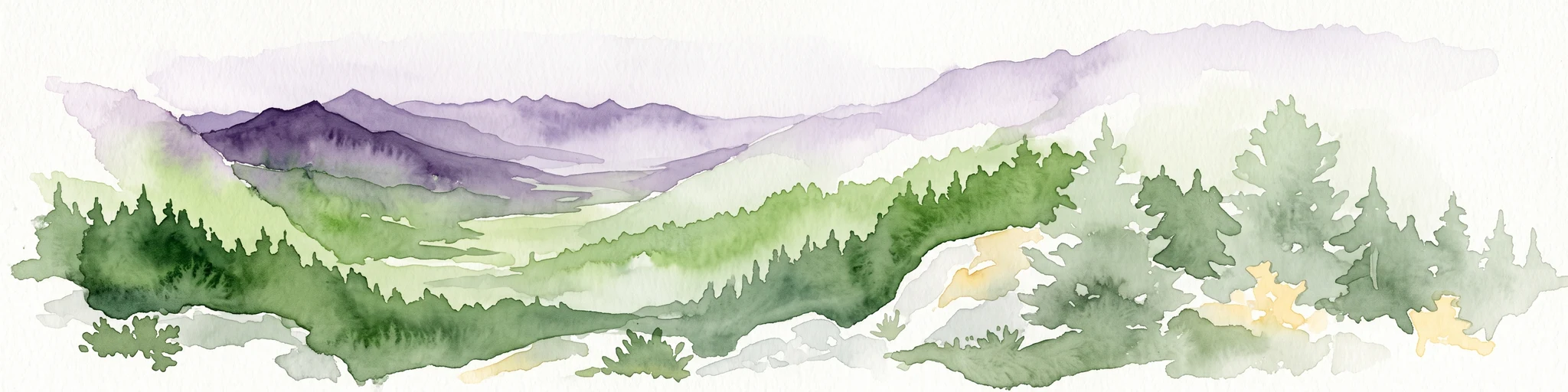 A watercolor painting showing a panoramic view of rolling mountain ranges and dense evergreen forests with a soft, misty aesthetic.