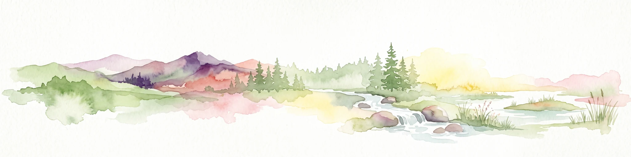 Watercolor painting of a mountain range, pine trees, and a small stream in the foreground against a light, misty background.