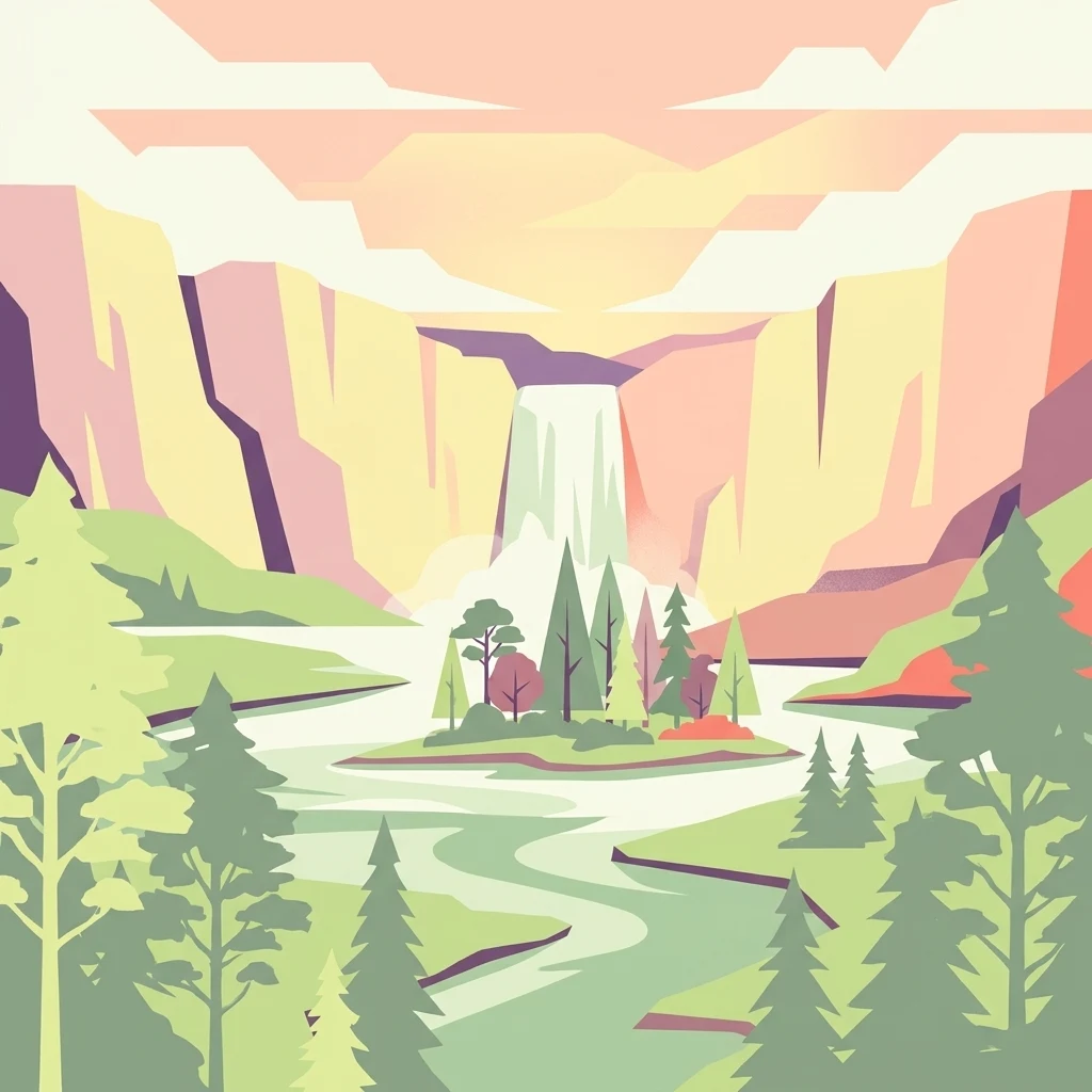 Una ilustración vectorial plana que muestra una cascada entre acantilados, que desemboca en un río con una isla de pinos en primer plano, representada con una paleta de colores pastel suaves.