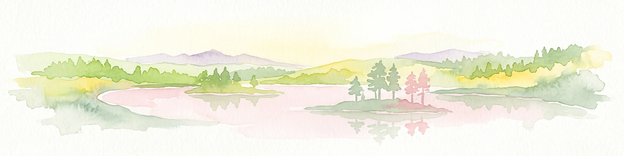 Watercolor painting of a lake with pine-covered islands and rolling hills in the background.
