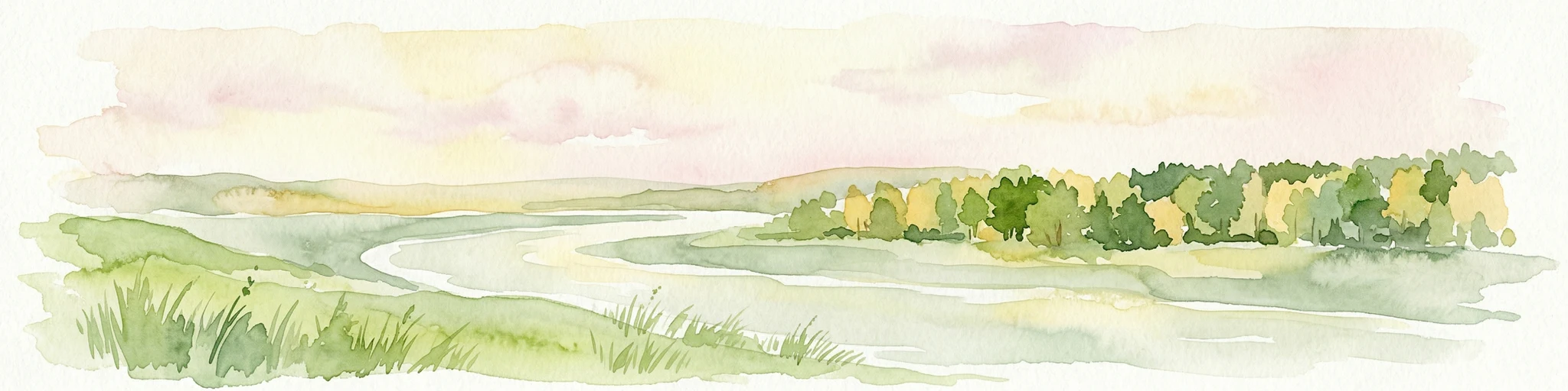 Pintura de acuarela que muestra un río fluyendo a través de un campo cubierto de hierba con árboles y colinas al fondo