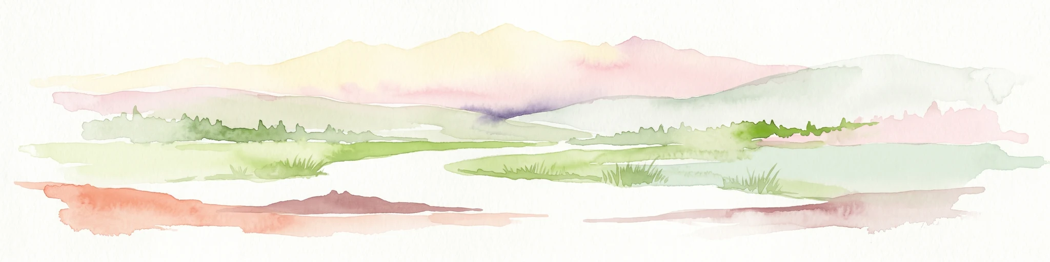 Watercolor illustration showing a mountainous landscape with green valleys and a river, rendered in soft pink and green hues
