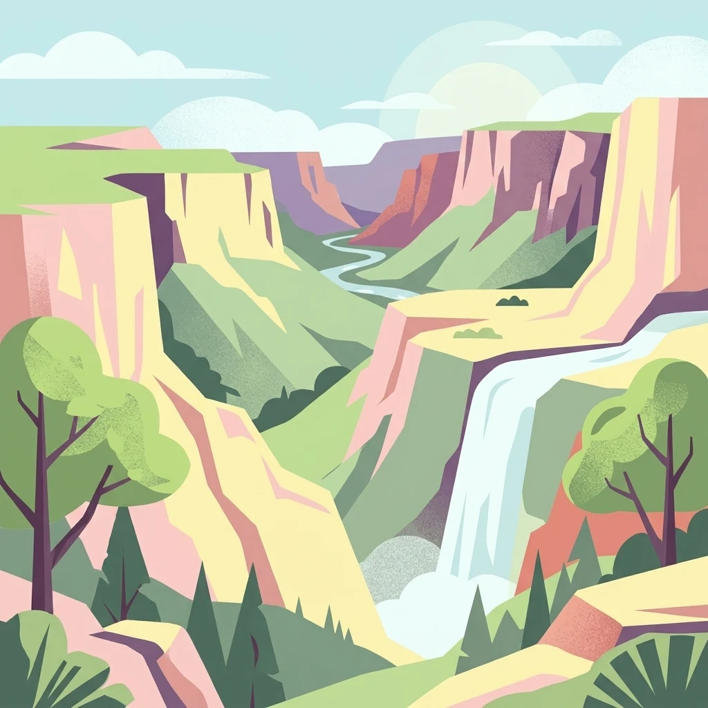 A stylized digital illustration of a deep gorge with steep rocky cliffs, a flowing river, a waterfall, and trees in the foreground.