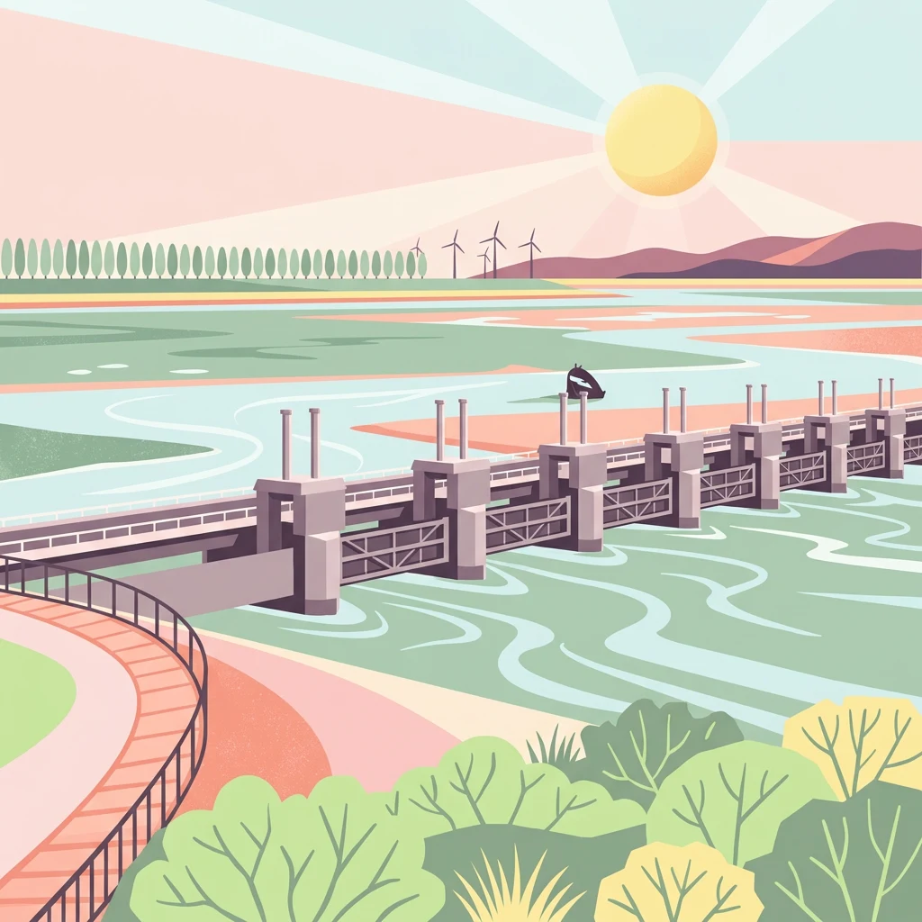 Ilustración de una estructura de presa con agua fluyendo, turbinas eólicas en la distancia y un sol en el cielo