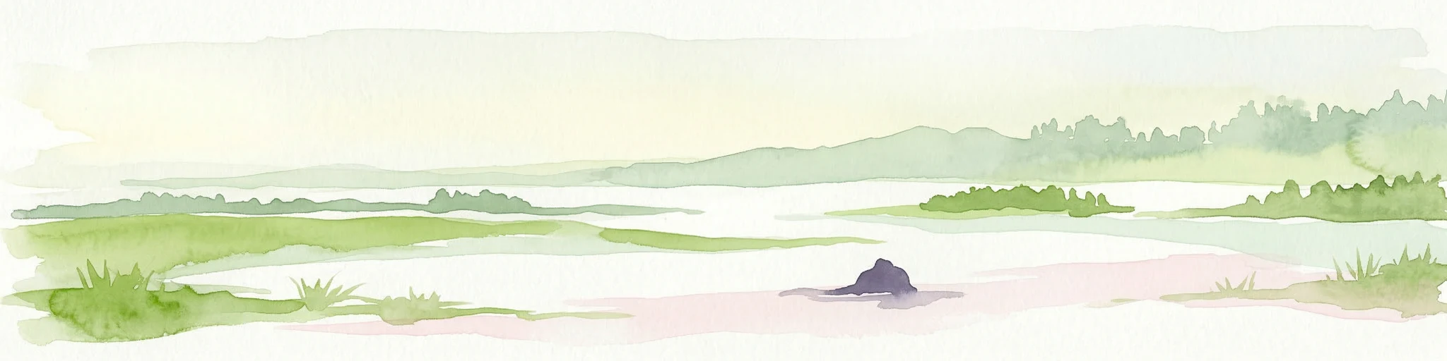Ilustración en acuarela de un paisaje costero con zonas de marisma, aguas tranquilas y colinas a lo lejos