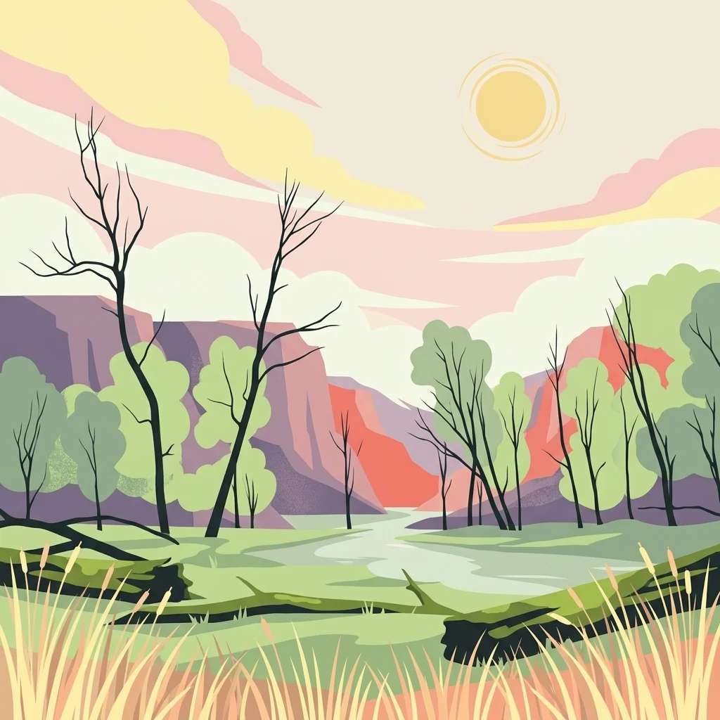 A stylized illustration of a nature reserve featuring a winding stream, reeds in the foreground, sparse trees, and distant hills under a warm pastel sky.
