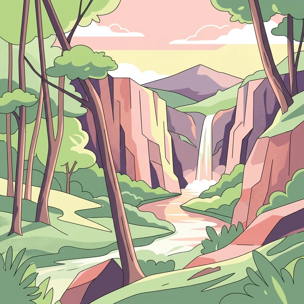 A flat style digital illustration showing a waterfall flowing down between rocky cliffs into a river, surrounded by a lush forest under a soft sky.