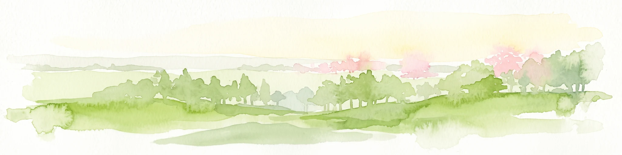 A soft watercolor painting of a rolling green hillside with trees, set against a pale, light-colored background.