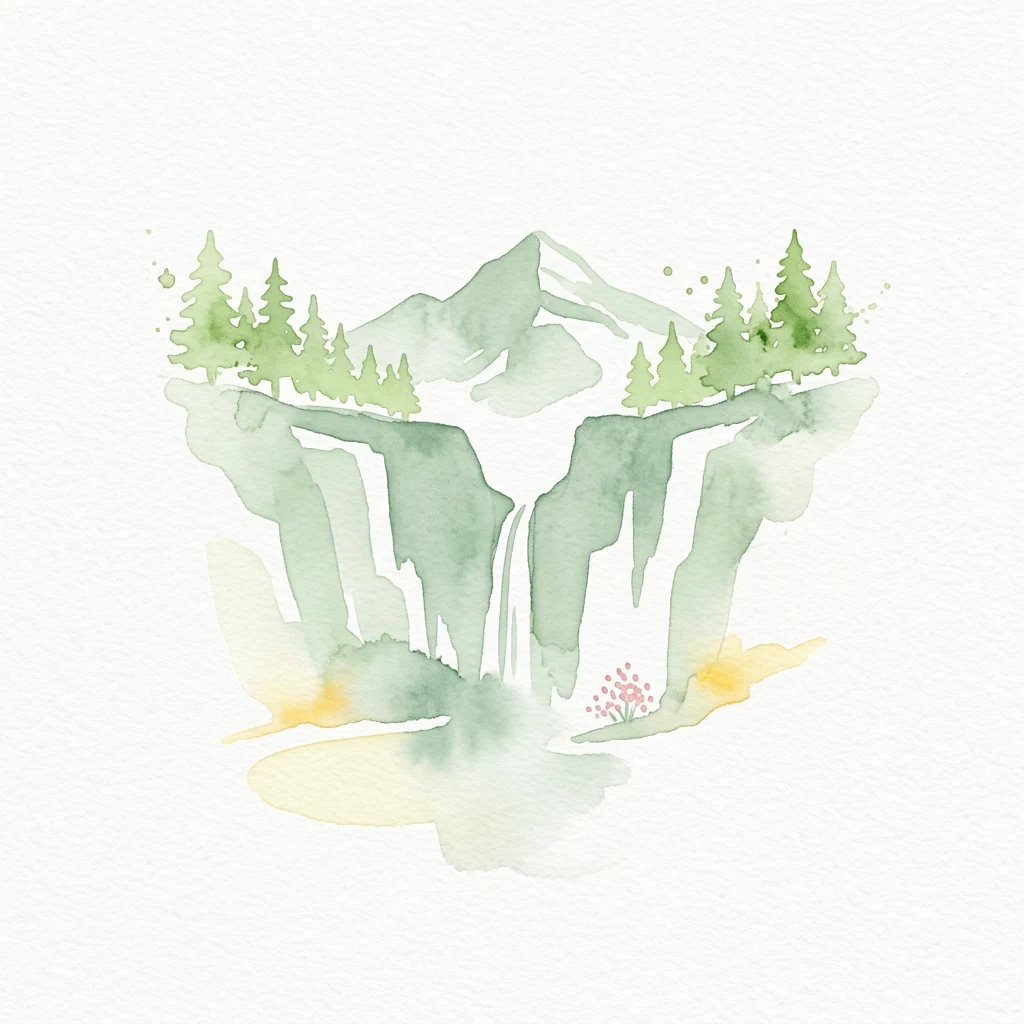 Watercolor illustration of a mountain landscape with waterfalls, green trees, and a river