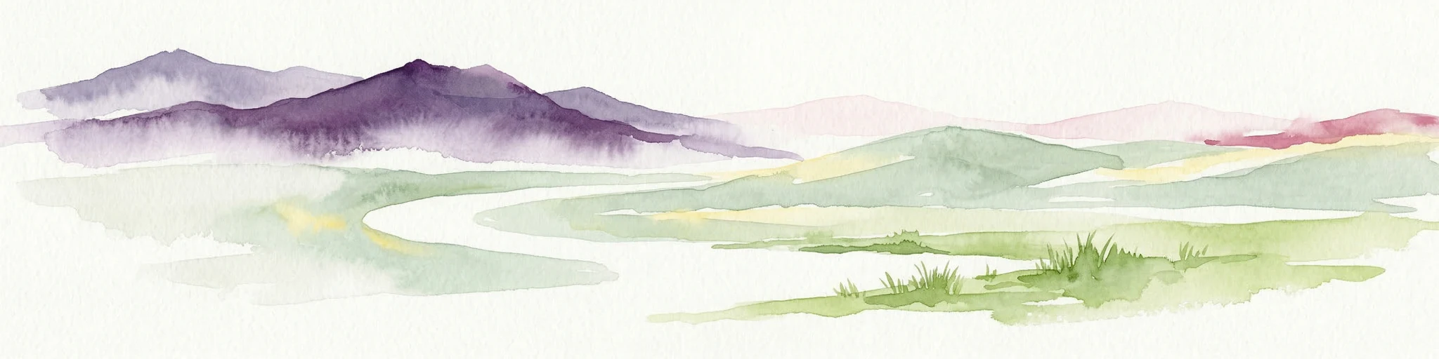 Pintura de acuarela que muestra una cordillera con un río sinuoso a través de un valle