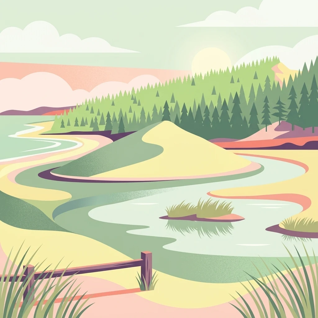 Una ilustración de un paisaje costero con grandes dunas de arena, un bosque al fondo, un río serpenteante o laguna, y una valla de madera en primer plano bajo un cielo brillante.
