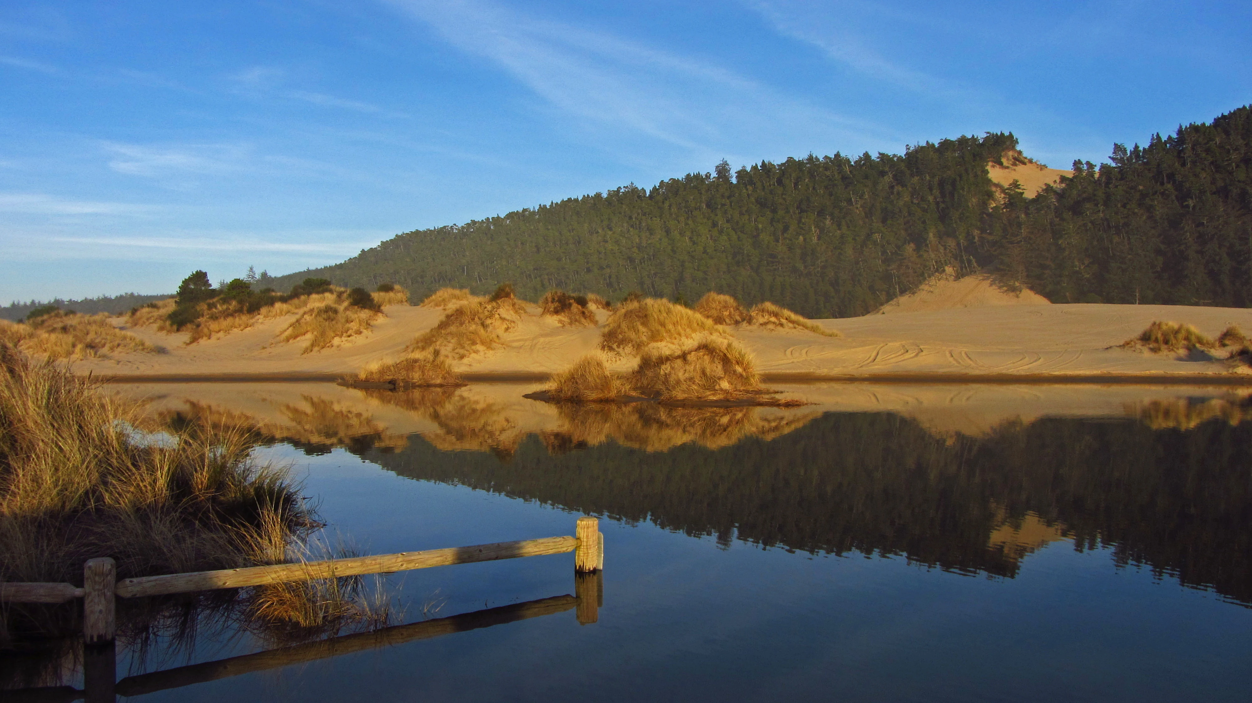 A wide view of a large sandy dune rising behind a calm, reflective pond on the Oregon coast, with a wooden fence railing in the foreground.