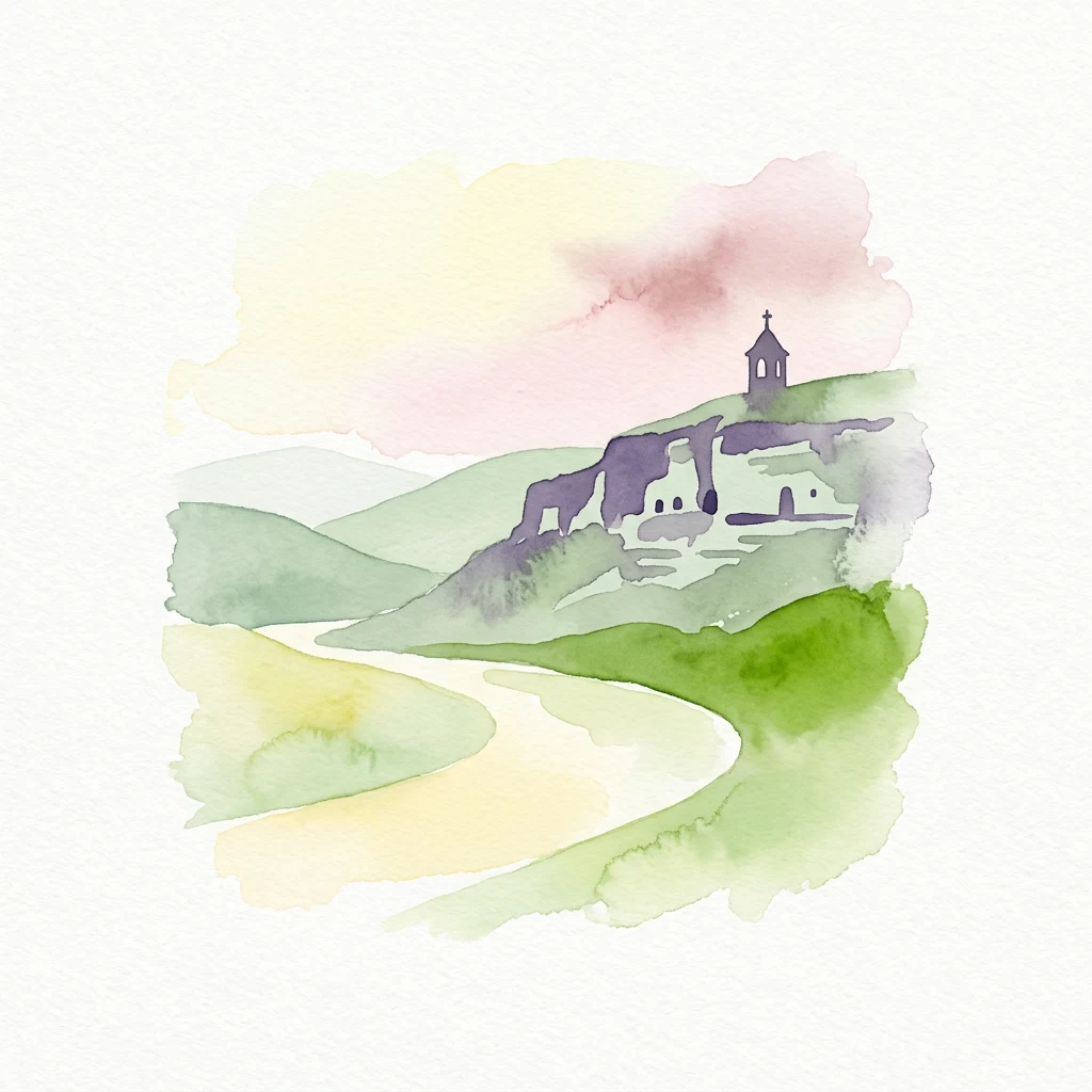 Ilustración en acuarela de un río sinuoso a través de colinas verdes con una iglesia en una colina