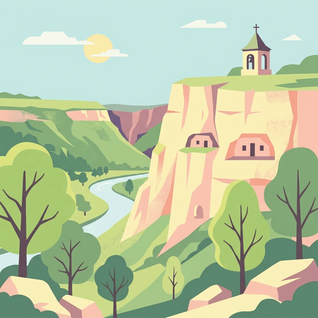 Ilustración de un valle fluvial con un acantilado que presenta una iglesia en la cima, estructuras similares a cuevas y vegetación circundante