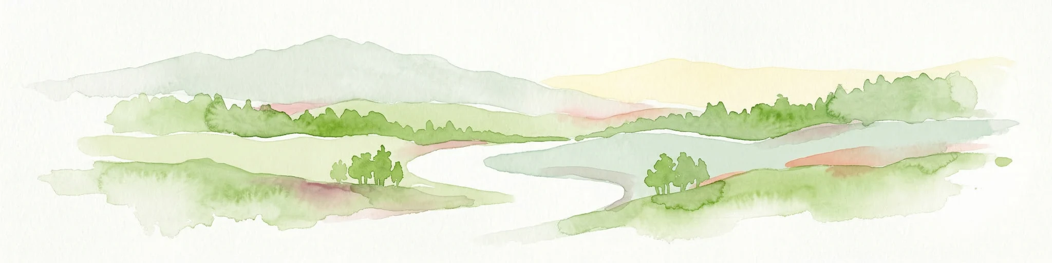 Ilustración acuarela de un río sinuoso a través de un paisaje con colinas y árboles