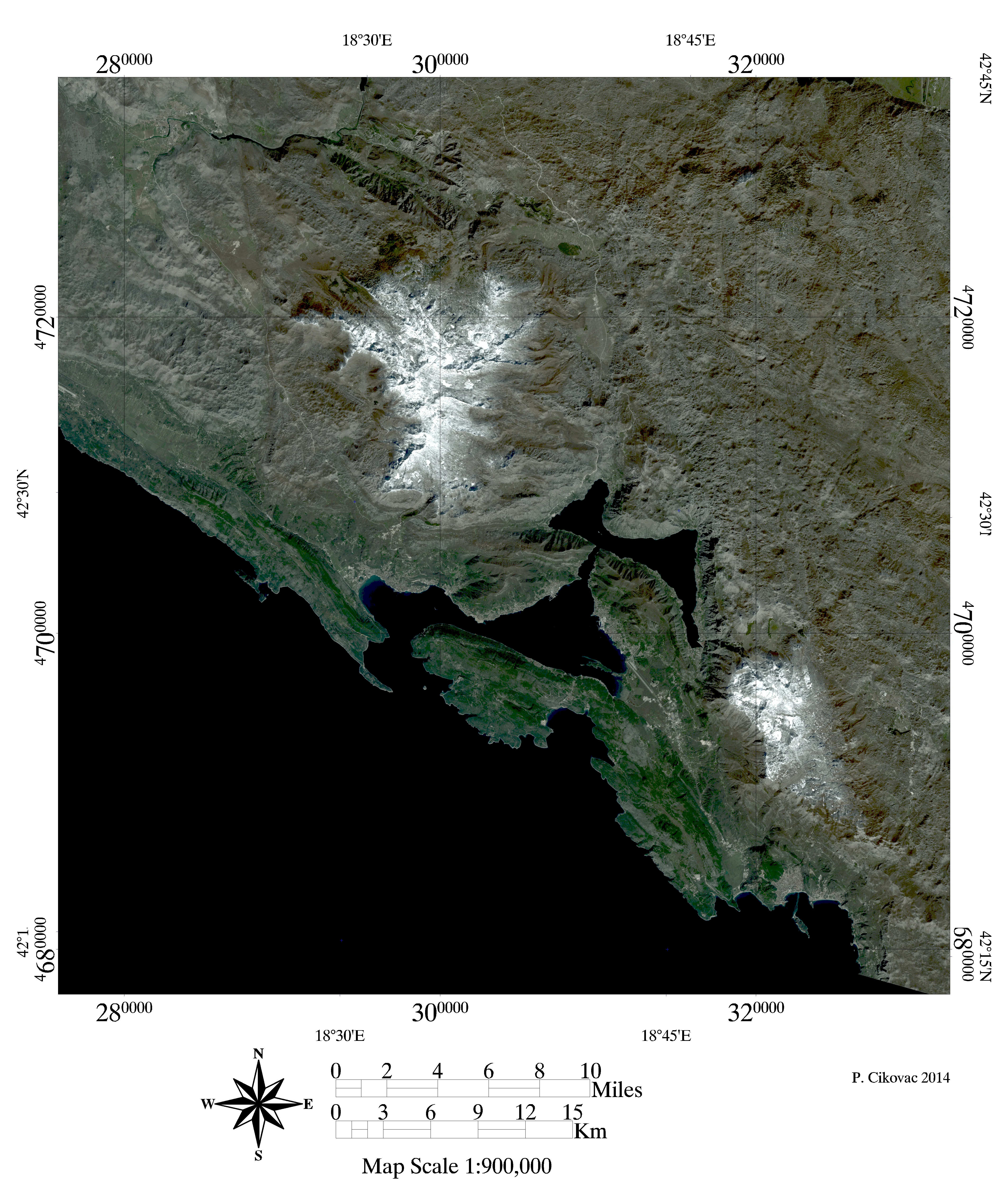 Satellite map view of the mountainous karst terrain near the Bay of Kotor, with Orjen visible as a significant rugged landmass.