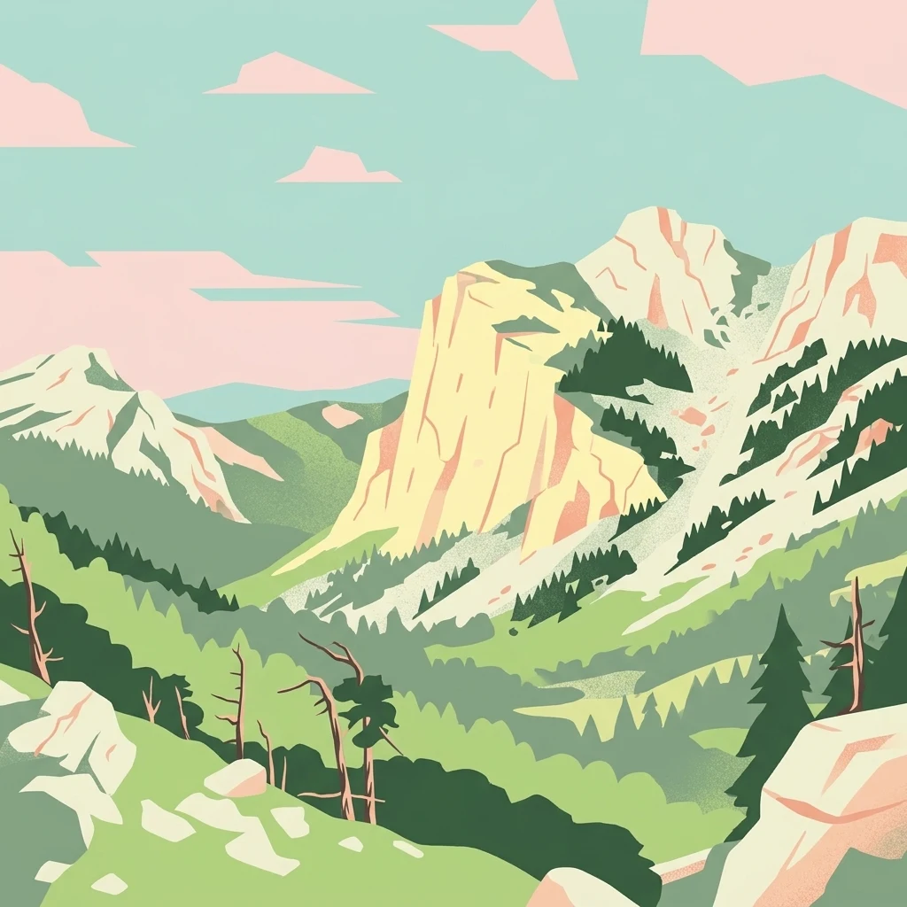 A stylized digital illustration of a mountain valley with steep limestone cliffs, rocky terrain, and coniferous trees under a soft, pastel-colored sky.