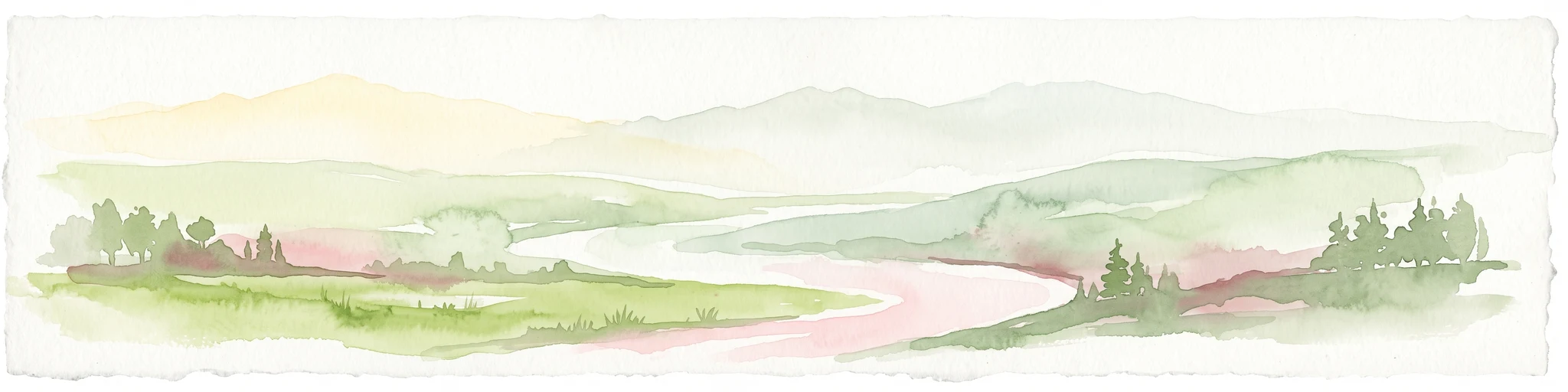 A pale, wide watercolor illustration showing rolling green hills and a winding stream, framed by distant, hazy mountain ridges.