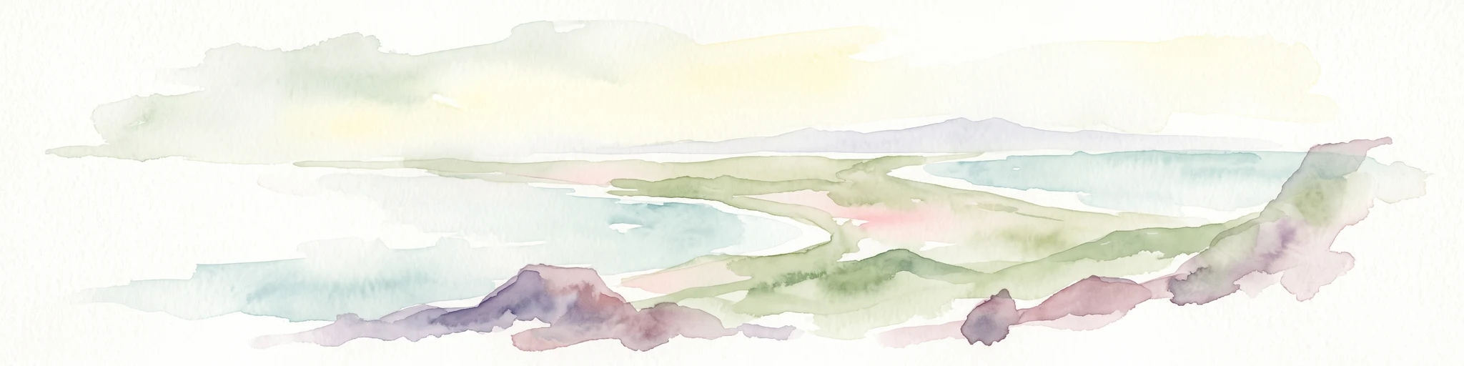 Una ilustración suave en acuarela de un paisaje costero con terreno rocoso en primer plano y una bahía tranquila al fondo.