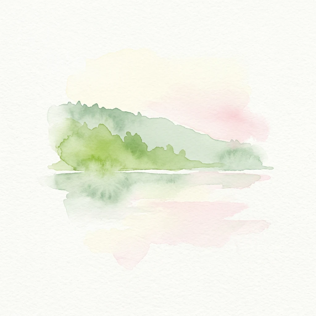 Watercolor illustration showing green hills and their reflection in water with pink and yellow sky