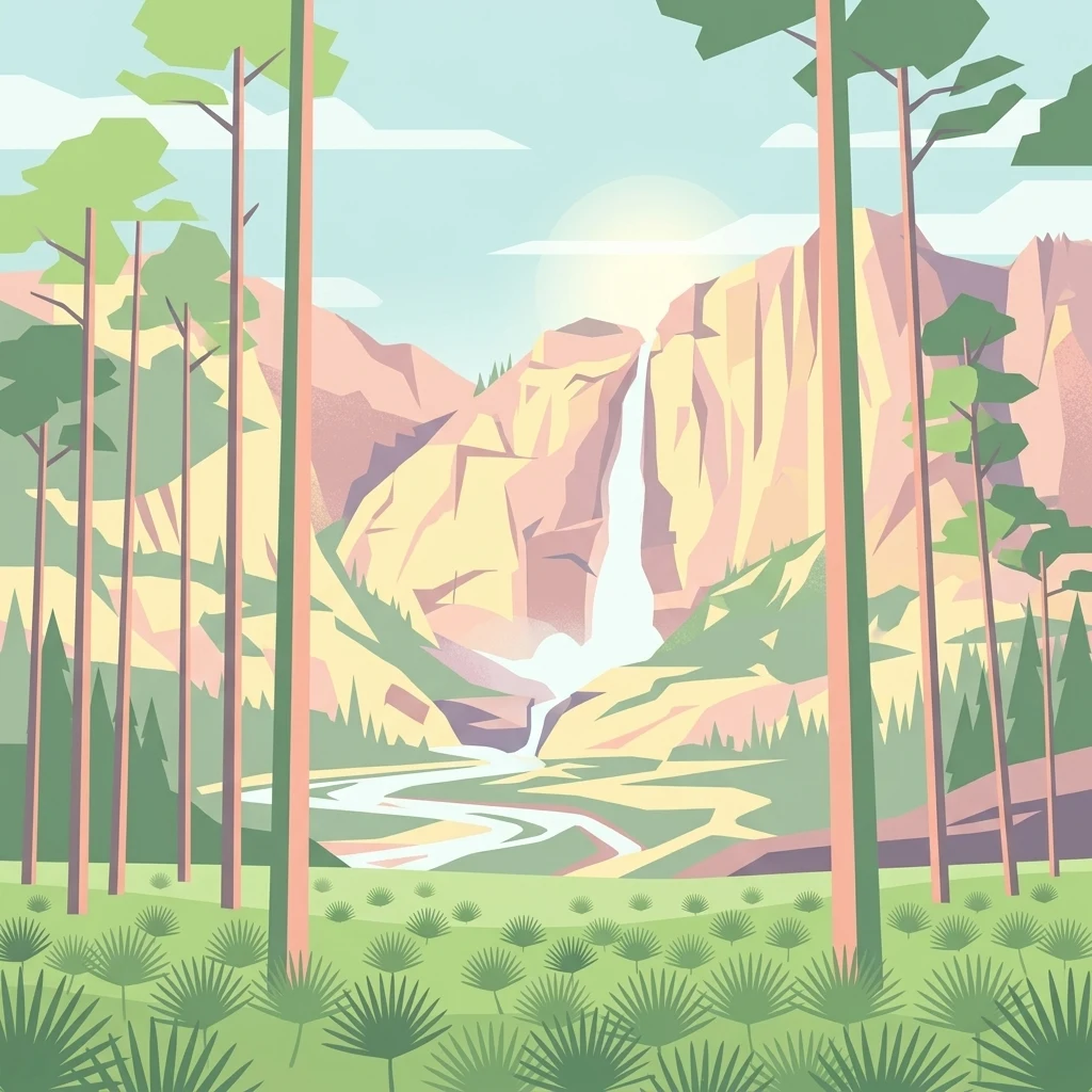 A graphic illustration showing tall pine trees in the foreground with a waterfall cascading down rocky cliffs in the background.
