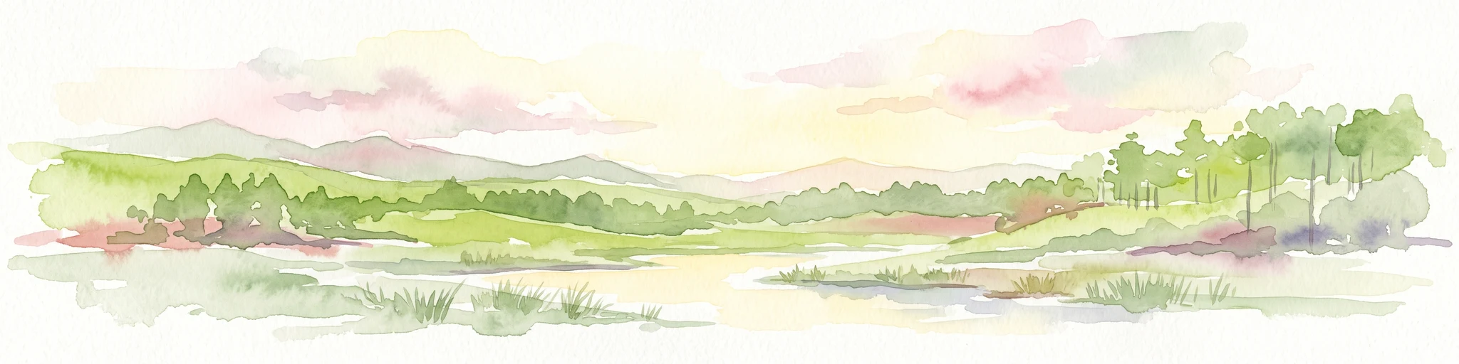 A watercolor painting showing a soft, stylized landscape with rolling green hills, a small river or stream, and a hazy sky at sunrise or sunset.