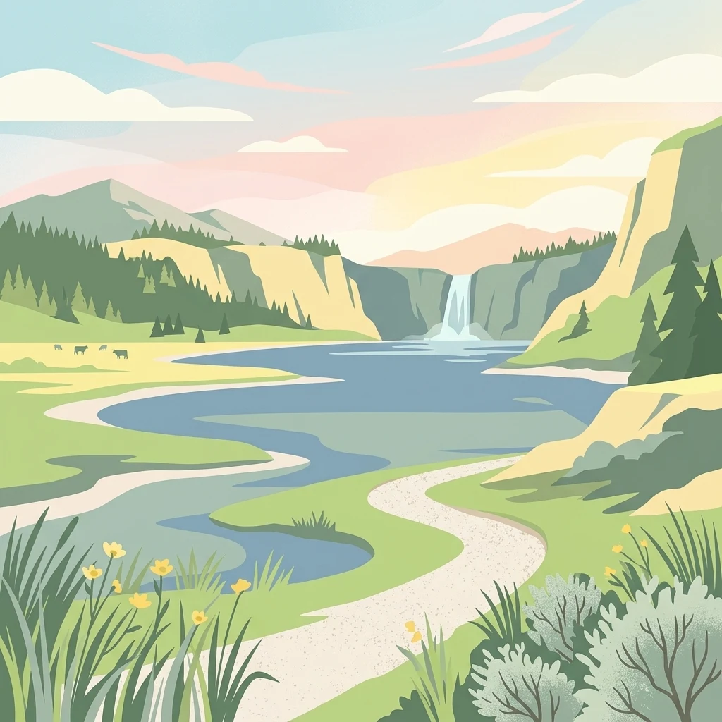 Una ilustración digital estilizada de un valle pintoresco con una cascada, un río serpenteante, campos de hierba con ganado pastando y árboles coníferos bajo un cielo suave de colores pastel.