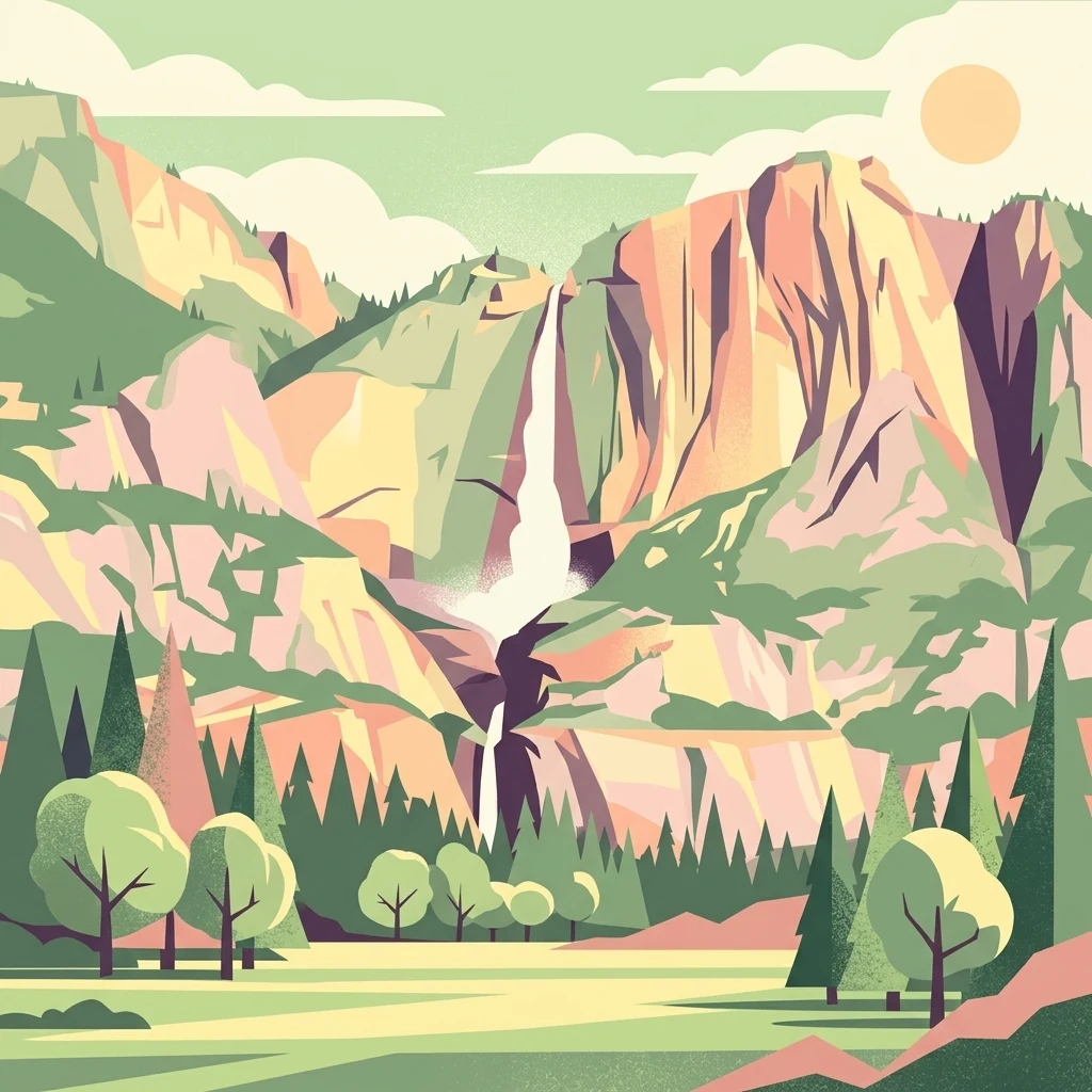 A flat-style digital illustration of a mountain landscape featuring a tall waterfall cascading down a cliff, surrounded by evergreen trees and rolling green hills under a sunlit sky.