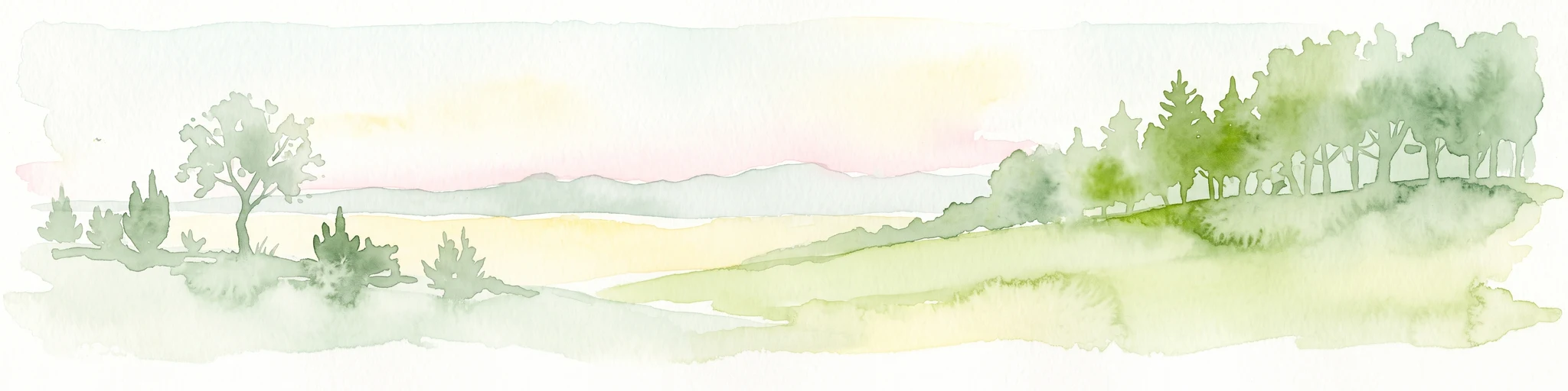 A watercolor painting showing a rolling landscape with sparse trees on the left, a grassy slope rising to a small forest on the right, and distant hills under a pale, soft sky.